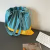 Bolso de Hombro Plegado Coreano con Bloques de Color, Bolso Tote Grande de Viaje, Bolso de Cuerda Tejido de Color Contrastante, Bolso de Mano a la Moda