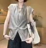 Camisa sin mangas tipo chaleco de verano nueva, casual y versátil, con cuello en V, diseño de pliegues y amarre en la espalda, estilo nicho para mujer