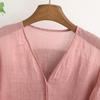 Foto Real de Camisa Top Rosa Fresca Elegante de Cuello en V Manga Larga Holgada Estilo Japonés Artístico de Otoño Nueva en Stock con Botones