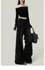 Jeans Anchos de Borde Crudo Negro y Gris Americanos para Mujer en Otoño e Invierno de Tiro Alto Sueltos para Figura Pera Pantalones Acampanados de Largo Completo