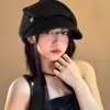 Boina Preta Plissada Retrô Harajuku para Mulheres, Boina Newsboy de Verão para Afinar o Rosto, Chapéu Octogonal de Pintor para Mulheres com Circunferência de Cabeça Grande