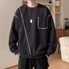 Moletom branco masculino com costura contrastante, corte solto, versátil para o outono, sem capuz, marca da moda, gola redonda, peça externa de peso médio para adolescentes