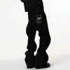 Streetwear Americano Nicho Bordado Ray Look em Camadas Jeans Masculino Perna Reta Afinando Jeans Preto Micro Flare Calça Longa