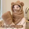 Conjunto de três peças de cachecol, chapéu e luvas de pelúcia grossa e quentes para outono e inverno feminino, chapéu integrado com proteção para as orelhas à prova de frio