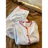 Pijama de Algodón de Manga Larga con Bloques de Color Estilo Perezoso Estilo Ins para Mujer, Nuevo para Primavera y Otoño 2025, Conjunto de Pantalones Largos Suave y Acogedor Ropa de Casa