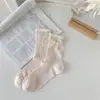 "Estilo de Desenvolvimento Feminino" Meia de Renda Branca com Laço Pura Desejo Respirável Vazada Meia de Cano Médio Meias Doces Jk