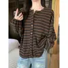 Cárdigan Holgado de Estilo Coreano con Rayas Castañas Marrones para Mujer, Otoño, Holgado, Adelgazante, Versátil, Manga Larga, Ropa de Abrigo