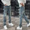 Europeu High-end Bordado Artesanato Lavado Azul Jeans Reto Verão Masculino Nova Moda All-match Calças Casuais