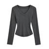 Europeo y Americano Ins Primavera Nuevo Kardashian Básico Sexy Ajustado Adelgazante Cintura de Reloj de Arena Cuello en V Manga Larga Camiseta Base