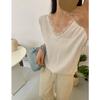 2025 Primavera y Verano Nuevo Estilo Coreano Encaje Costuras Encaje Cuello en V Manga Corta Camiseta para Mujer Holgada Combinable Top
