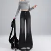 Jeans Preto Cinza Fraco Feminino Primavera e Outono 2025 Novo Cintura Alta Emagrecedor Pequeno Americano Solto Boca de Sino