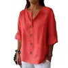 2025 Transfronterizo Amazon Europeo y Americano Verano Nuevo Comercio Exterior Camisa Holgada para Mujer Cuello en V Algodón y Lino Botones Arriba Camiseta para Mujer