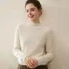 Suéter de cachemira pura para otoño e invierno, cuello alto medio, borde enrollado, color liso, tejido suelto, básico, largo