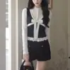 Filha mimada de família rica 26F colete de malha com blocos de cor e laço camisa feminina de manga longa com acabamento em renda suéter de tricô