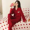Pijama 100% Algodão Feminino Manga Longa Calça Longa Ano Novo Chinês Vermelho Grande Celebração de Casamento Transmissão Ao Vivo Duas Peças de Roupa para Casa 100% Algodão