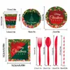 Set de Vajilla Desechable Navideña Platos de Papel Vasos de Papel Cuchillo Tenedor Cuchara Servilleta Mantel Impermeable a Prueba de Aceite Sin Lavar Fiesta Venta al por Mayor