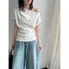 Camiseta de Verano Nueva para Mujer Luxi, Hombro Asimétrico, Lado con Lazo para Cintura, Manga Corta, de un Solo Hombro, Adelgazante, con Detalle de Lazo w96105