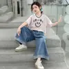 Conjunto de Camisetas de Manga Corta para Niñas, Nuevo Estilo Verano 2026, Moda para Niñas Mayores, Conjunto de Verano con Pantalones de Pierna Ancha de Mezclilla