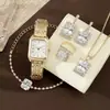 Set de Reloj para Mujer con Incrustaciones de Diamantes de Venta Caliente Transfronterizo, Reloj de Acero Dorado de Lujo Ligero + Set de 5 Joyas, Listo para Suministro Directo