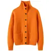 Nuevo suéter de cachemira de cuello alto para otoño e invierno para mujer, tres hilos engrosados, doble bolsillo, tejido de ochos, cárdigan con botones