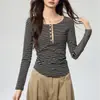 260g Tencel Lyocell Diseño Rayas Camisa Básica de Manga Larga para Mujer Cintura Fruncida Botón Camiseta de Contraste