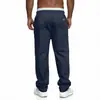 Nova coleção de primavera e outono de calças de trabalho masculinas com bolsos e cintura com cordão, calças casuais versáteis de corte reto, disponíveis em estoque