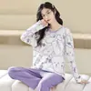 Se Puede Usar Afuera, Pijama de Manga Larga para Mujer, Primavera y Otoño, Imitación de Algodón, Rosa, Dibujos Animados Lindos, Pantalones de Lunares, Conjunto de Ropa para el Hogar, Verano