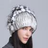 Gorro de Lana Grueso de Invierno Nuevo para Mujer Estilo Europeo y Americano, Gorro de Piel de Conejo Rex, Gorro de Punto con Cinturón Lateral y Flor