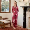 Pijama de Leopardo Rojo Escarlata para Mujer, Estampado de Leopardo Rojo Vino, Primavera y Otoño, Seda Sintética, Cuello de Traje, Manga Larga, Conjunto de Ropa de Casa Holgado