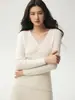 Suéter de gola V torcido em estilo francês, 100% cashmere, para mulheres, com costura vertical, caimento justo, manga longa, tricotado, emagrecimento, justo ao corpo, suéter de base