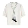 Top de Punto de Manga Corta con Cuello Bufanda de Lunares Inspirado en el Diseño para Mujer, Nuevo Estilo Verano 2026, Elegante y a la Moda, Corte Holgado, Top Adelgazante
