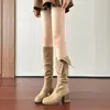 Botas Chuyuji Camurça Retro Usáveis de Duas Formas Dobráveis Salto Alto Empilhado, Botas Longas com Sola Grossa e Salto Bloco, Estilo Western Maillard Marrom