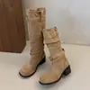Botas de Cano Alto Retrô Jeans Amassado Empilhado Femininas 2026 Outono/Inverno Novas Botas Longas Emagrecedoras Botas de Montaria de Cano Alto Western