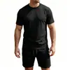 Conjunto Esportivo Casual Masculino Transfronteiriço Europeu e Americano Verão Cor Pura Raiz de Lótus Manga Curta Camiseta Masculina Shorts com Cordão Conjunto de Duas Peças