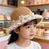 Sombrero de Paja para Niña con Flores, Estilo Dulce y Lindo, Sombrero de Sol para Niñas de Primavera y Verano, Sombrero de Pescador de Ala Ancha con Encaje de Princesa para Bebé