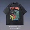 Camiseta Vintage de Manga Curta Lavada Estilo Europeu e Americano Streetwear Estampa de Desenho Animado para Homens, Camiseta Hip-Hop de Manga Três Quartos com uma Vibe Elegante