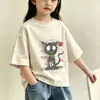 Camiseta de Manga Curta para Meninas Verão Gola Redonda Algodão Puro Infantil Manga Meia-Manga Estilo Novo Versátil Fofa Roupa de Verão Roupa Infantil Tops de Desenho Animado