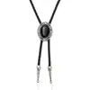 Corbata de Lazo Ovalada Vintage con Piedra Negra Unisex Cordón Trenzado Estilo Vaquero Occidental Colgante Metálico Corbata