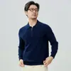 Suéter masculino de cashmere % puro cashmere de cabra casual versátil gola com zíper parcial manga longa tricotado quente suéter preto
