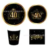 Mm119 30º, 40º, 50º Cumpleaños Negro Dorado Vajilla Festiva para 8 Personas Juego de 4 Piezas Platos de Papel, Servilletas de Papel, Vasos de Papel
