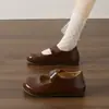 Sapatos Mary Jane Redondos de Couro Retro Femininos 2026 Outono Novo Estilosos Versáteis Sola Grossa Aumento Oculto de Altura Baixo Corte Sapatos de Salto