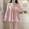 Pijama para Mujer para Primavera y Otoño con Almohadillas en el Pecho, Cárdigan de Encaje, Mangas Largas, Ropa de Casa Dulce y Casual de Corte Holgado que se Puede Usar Afuera