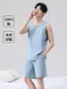 Pijama de algodón puro para hombre, ropa de casa para hombre, conjunto de verano de manga corta y shorts, conjunto de dos piezas 100% algodón, en stock para venta al por mayor