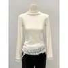 Blusa Base com Gola Meia-Alta Patchwork de Renda para Mulheres, Camada Interna franzida que afina a cintura para Outono e Inverno, Camiseta de Manga Longa com Babados que Rejuvenesce