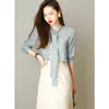 Camisa de manga larga de estilo japonés de lujo ligero para mujer, nueva de otoño, estilo occidental, camisa con estampado de cinta, top chic de moda versátil, moda