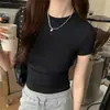 Camiseta informal americana de hombro, cuello redondo, manga corta, para mujer, verano, nueva, elástica, cintura alta, ajustada, color liso, top