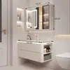 Gabinete Lateral Inteligente Combinado de Madera Maciza Estilo Crema de Lujo Ligero Gabinete de Baño con Lavabo Cerámico Integrado