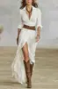 Vestido Longo Elegante Estilo Resort, Cruzado Europeu e Americano 2026, Novo Estilo, Decote V, Ajuste na Cintura, Fenda, Manga Longa, Em Estoque na Fábrica