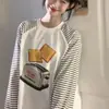 Camiseta Fina de Manga Larga con Estampado Divertido para Otoño Temprano, Diseño Casual Holgado para Mujer, Cuello Redondo, Top de Retazos Rayados
