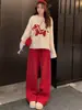 Conjunto de Roupa Primavera 2026 para Mulheres, Estilo Preguiçoso Suéter Vermelho Jacquard com Pônei e Calça Wide Leg de Cintura Alta Conjunto de Duas Peças para Mulheres